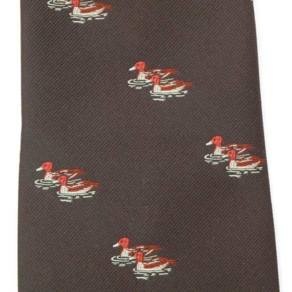 Vintage 1970s Duck Goose Bird Men's Silk Neck Tie Brown Animal Theme Kings Lynn - Picture 3 of 4